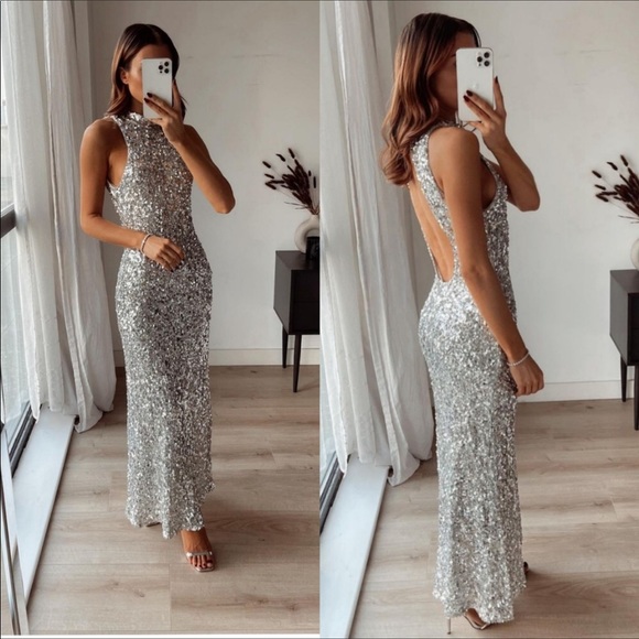 LAST NWT ZARA SILVER SEQUIN DRESS - Picture 4 of 15